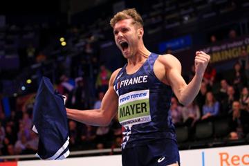 Kevin Mayer after securing heptathlon gold at the IAAF World Indoor Championships Birmingham 2018 (Getty Images)